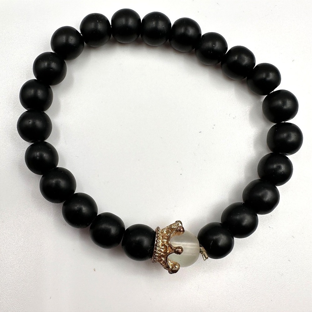 Vintage Y2K Black Onyx Beaded Stretch Bracelet Gold Tone Crown‎ Unisex Jewelry